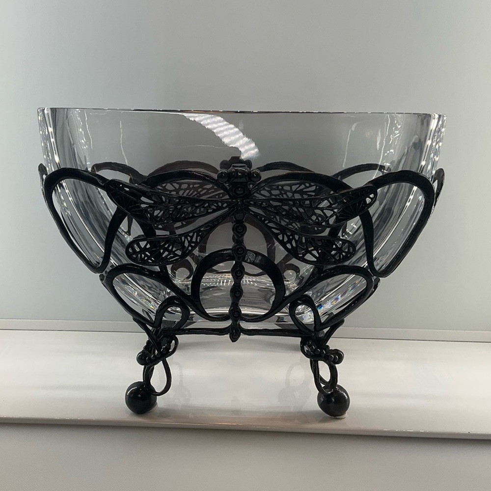 CASTILIAN Poland Crystal Bowl & Dragonfly Hefty Centerpiece 2 Pieces RARE!